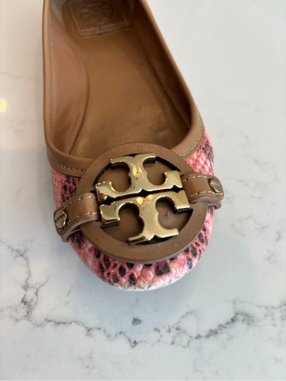 Tory Burch Pink Snakeskin-Print Leather Logo Ballet Flats with Tan Trim CT